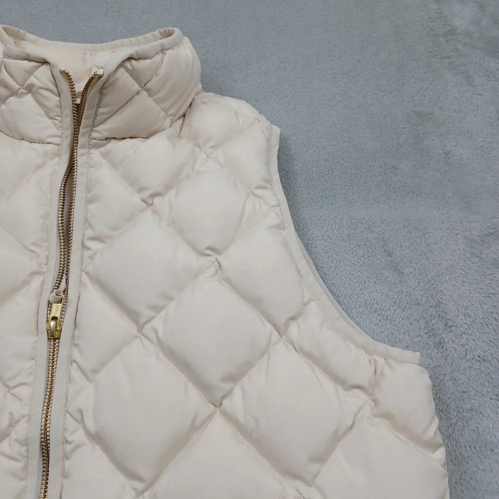 J Crew Vest Womens Large Beige Quilted Pockets Full Zip Casual Preppy